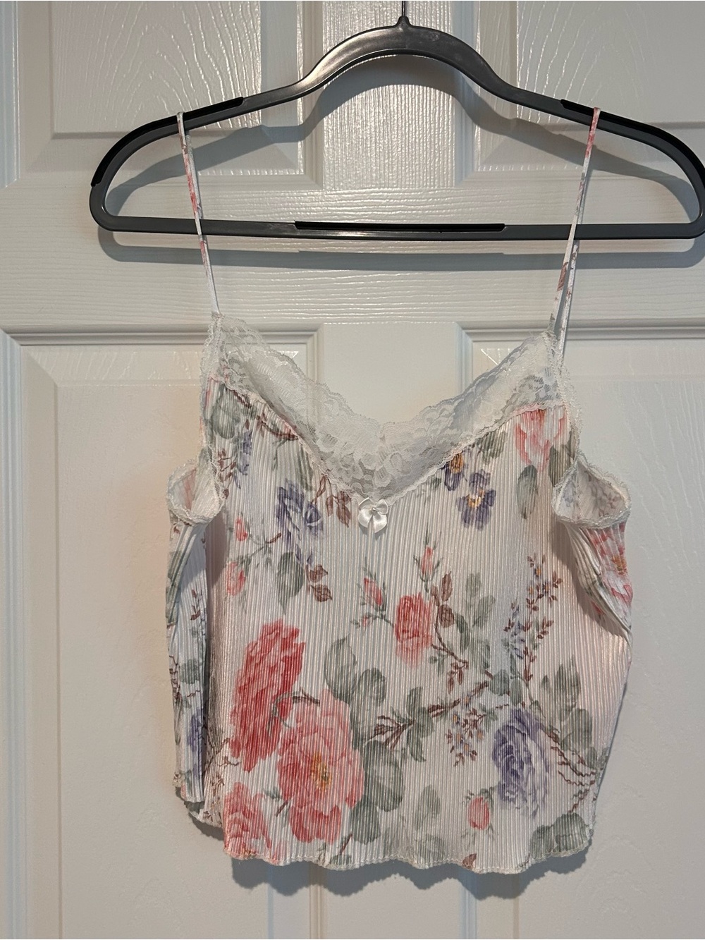 Deena Inc Floral Lace-Trim Camisole in White with Pink & Purple Blooms